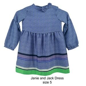 Janie and Jack Kids Dress Size 5 Blue Geometric Print Long Sleeve Bow Neck